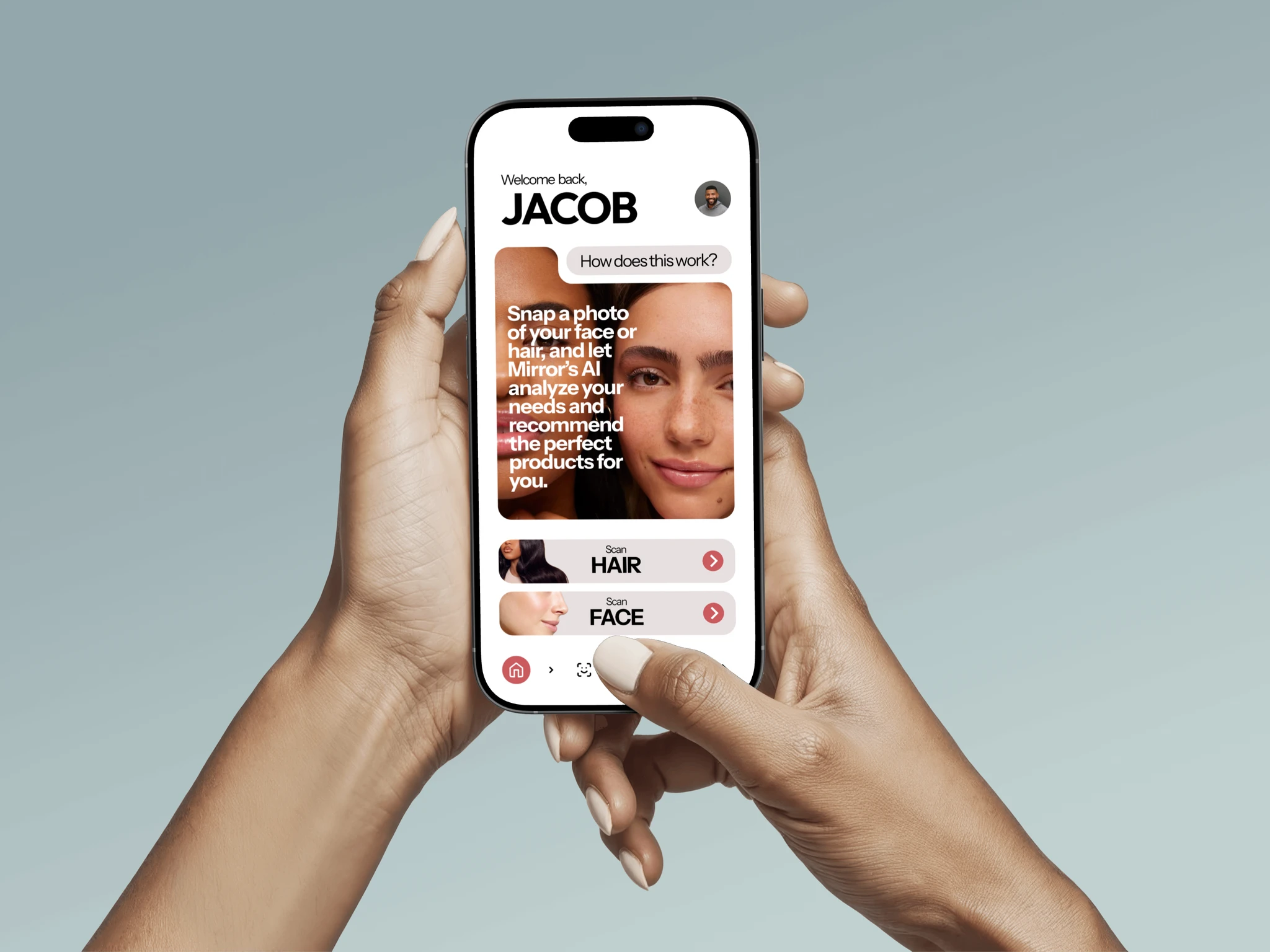 Home page where you can choose to scan hair or face