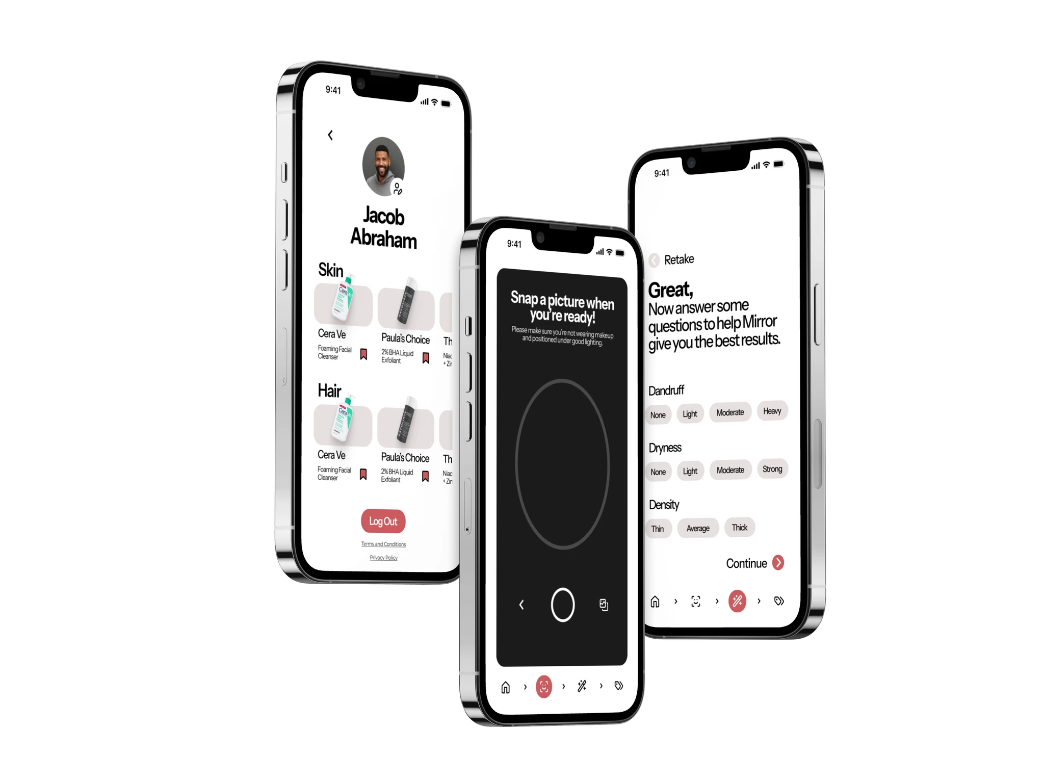 Profile showing bookmarked products and photo capture interface
