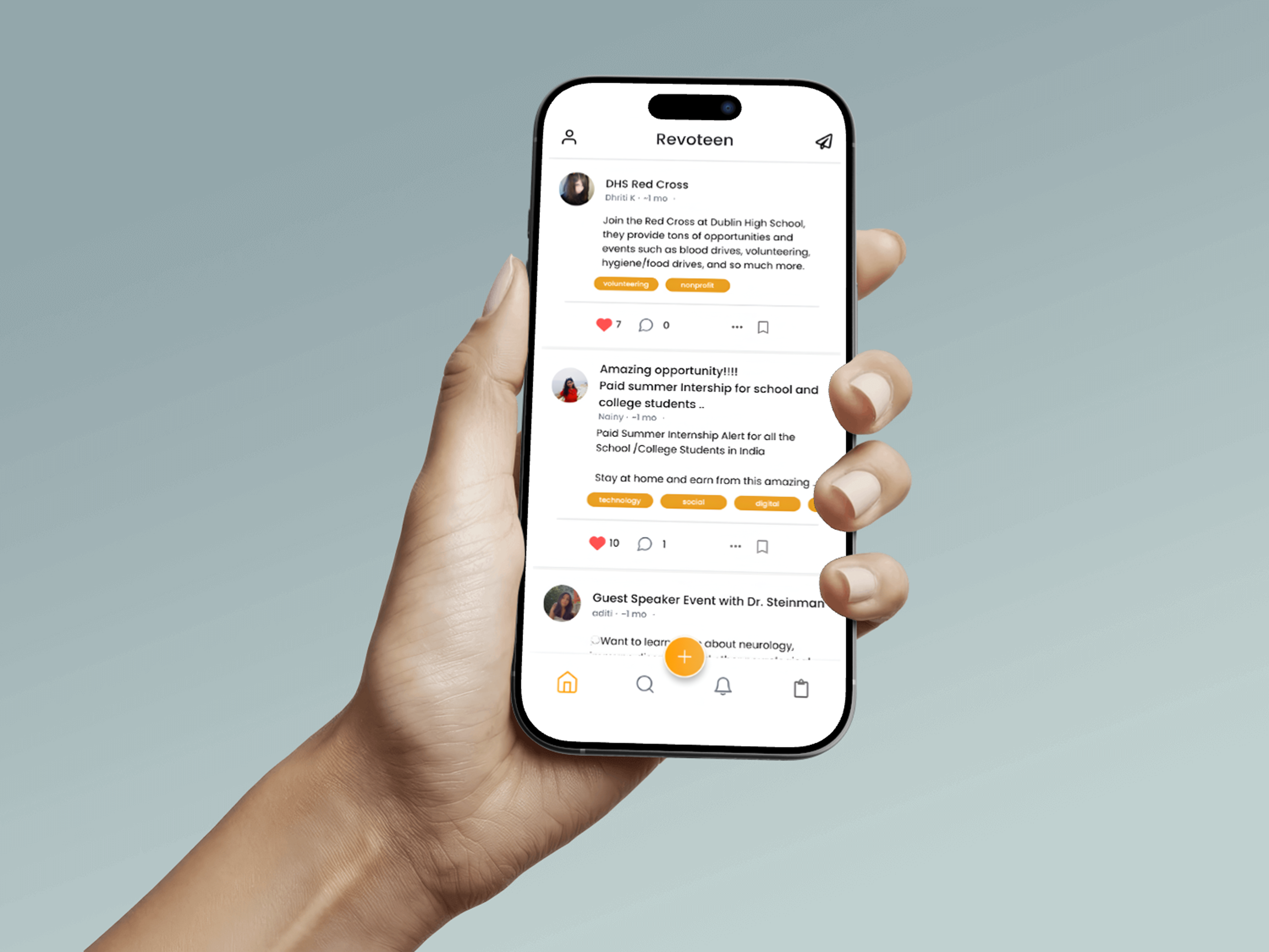 Revoteen mobile app showing student profiles and networking features