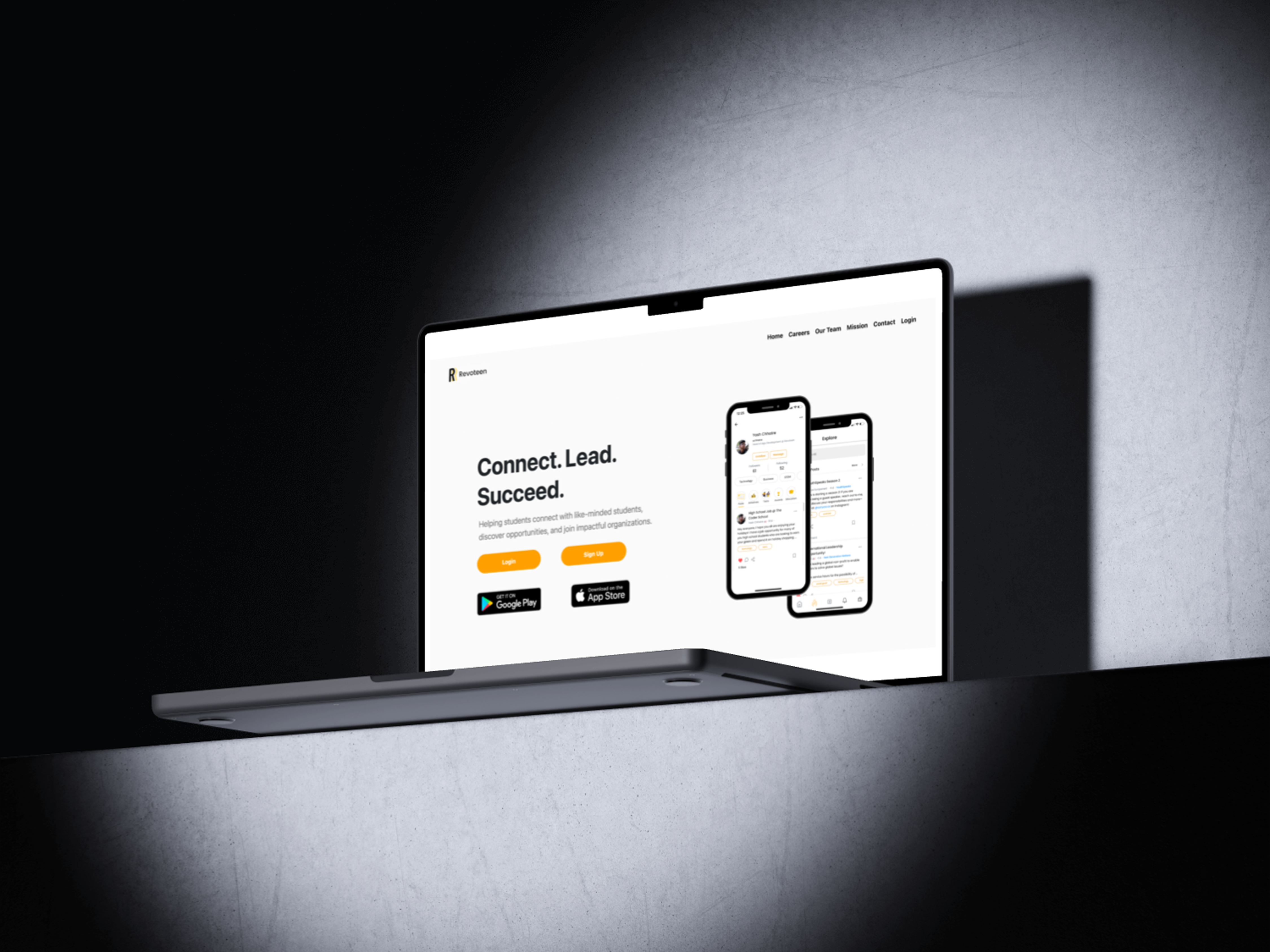 Revoteen web platform showing opportunities and internships